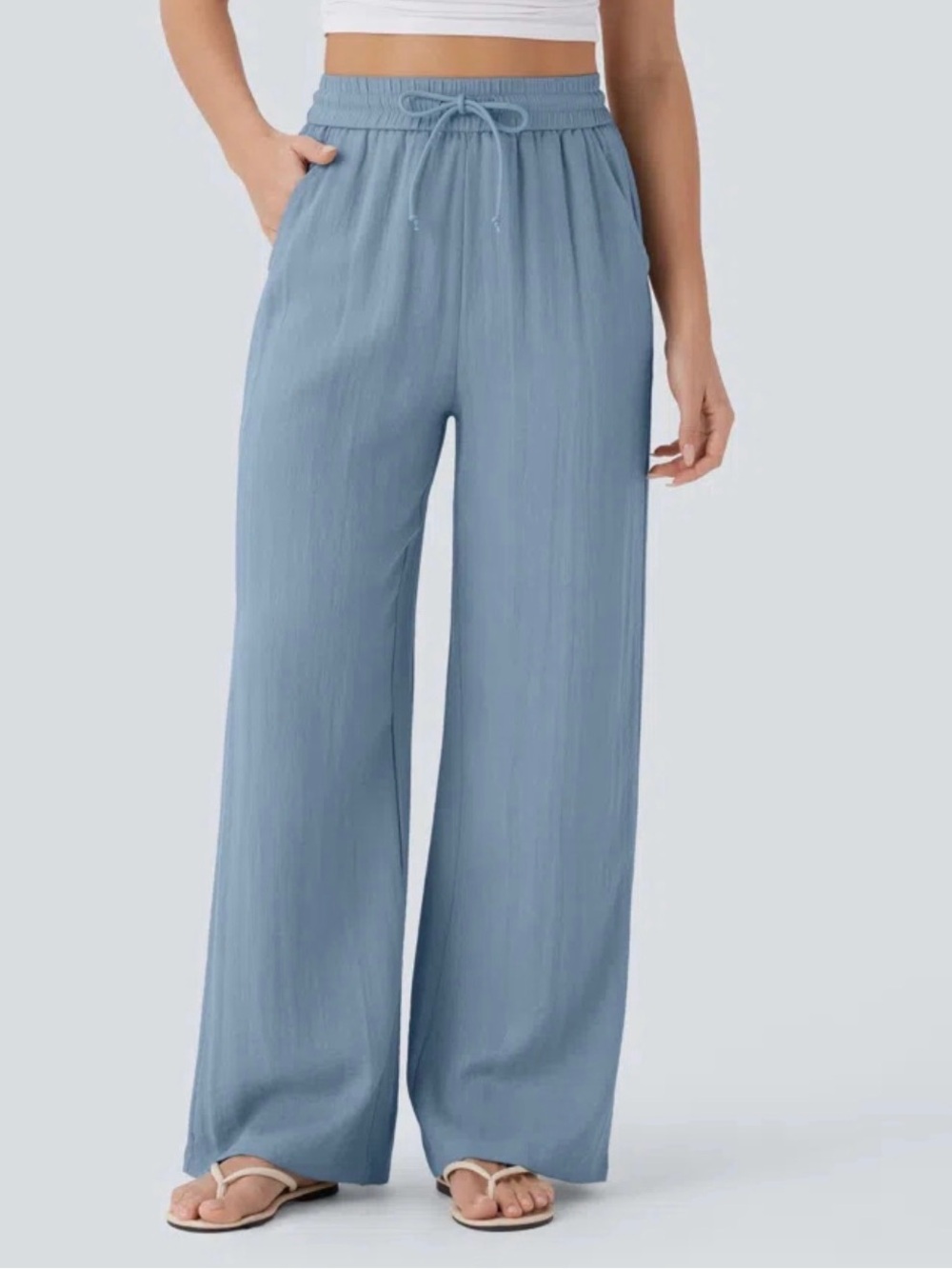 NWT High Waisted Drawstring Pocket Wide Leg Baggy Casual Linen-Feel Pants